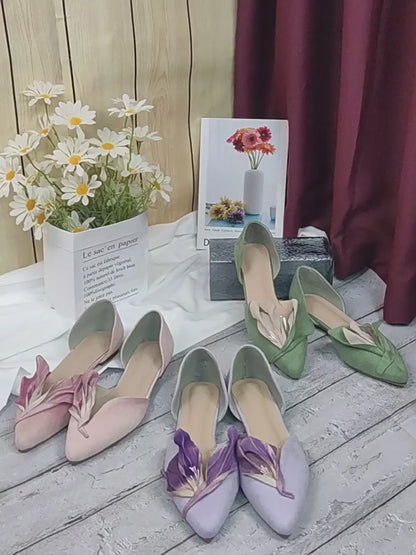 Handmade Pink Satins Flower Pointed Toe Flat Shoes | ZAKAPOP