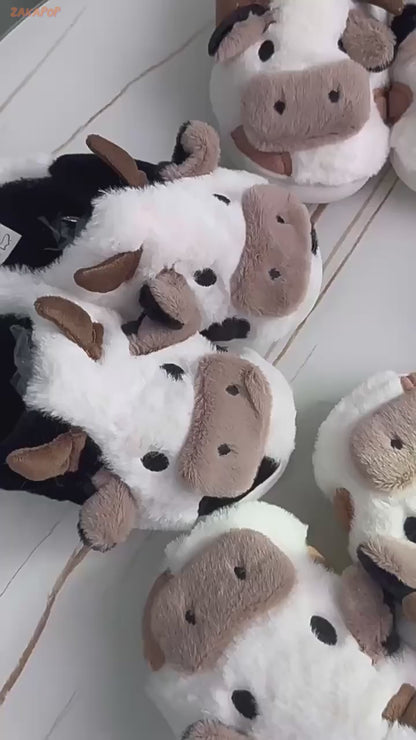 Cartoon Cow  Fluffy Fur Winter Warm Home Slippers | ZAKAPOP