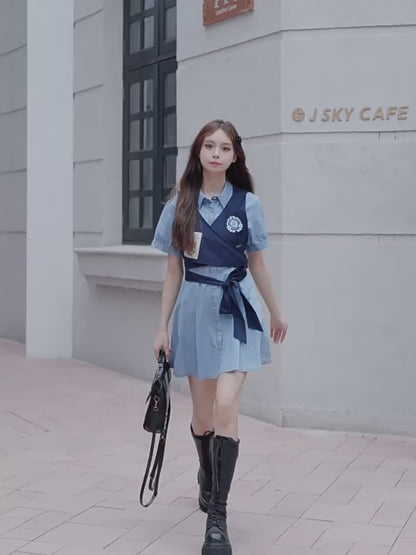 Preppy Lightweight Denim Summer Two-Piece Dress Set | ZAKAPOP