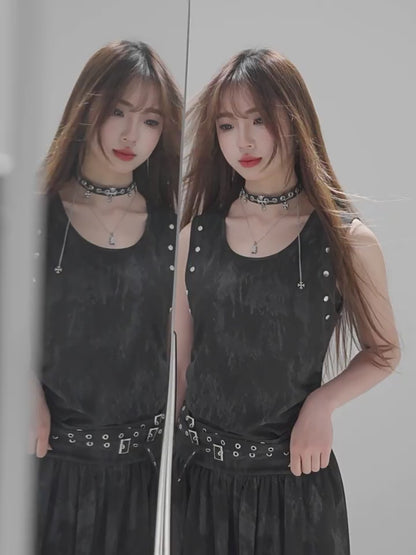 [Presale for 7 days] Gothic Tie-Dye Studded Lace-Up Sleeveless Long Dress | ZAKAPOP