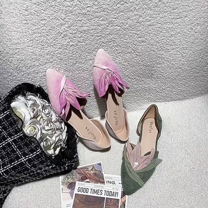 Handmade Pink Satins Flower Pointed Toe Flat Shoes | ZAKAPOP