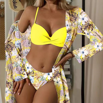 Floral Print Women Low Waist Twist Bikini Long Sleeve Cover Up Three Pieces Swimwear | ZAKAPOP