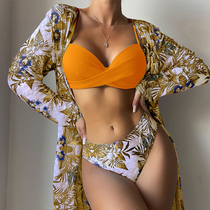 Floral Print Women Low Waist Twist Bikini Long Sleeve Cover Up Three Pieces Swimwear | ZAKAPOP