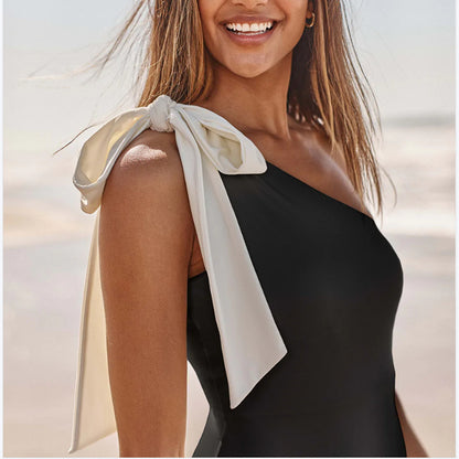 One Piece Strapless One Shoulder Bow Swimwear | ZAKAPOP