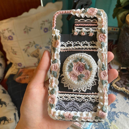 Handmade Pastoral Flowers And Lace 3d Oil Painting Retro Cream Phone Case (customizable) | ZAKAPOP