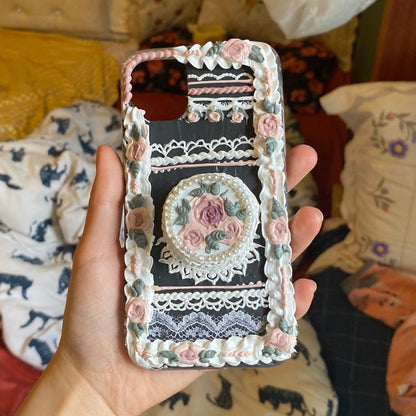 Handmade Pastoral Flowers And Lace 3d Oil Painting Retro Cream Phone Case (customizable) | ZAKAPOP