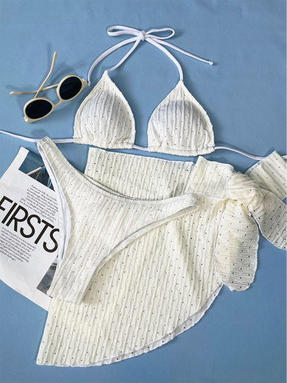 Solid Color Halter Triangle Bikini with Beach Skirt | ZAKAPOP