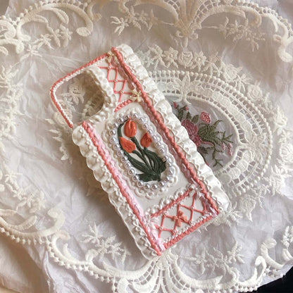 Handmade Tulip 3D oil painting retro cream mobile phone case (customizable) | ZAKAPOP