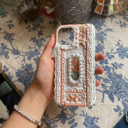 Handmade Tulip 3D oil painting retro cream mobile phone case (customizable) | ZAKAPOP