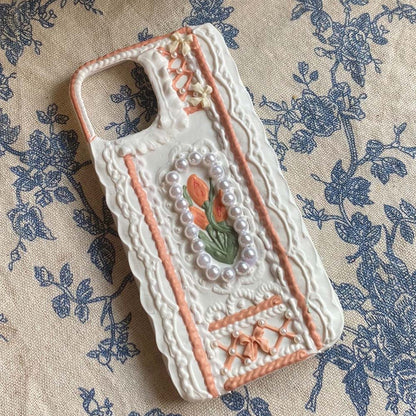 Handmade Tulip 3D oil painting retro cream mobile phone case (customizable) | ZAKAPOP