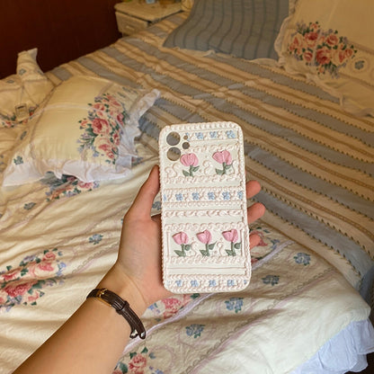 Handmade Tulip 3D oil painting retro cream mobile phone case (customizable) | ZAKAPOP