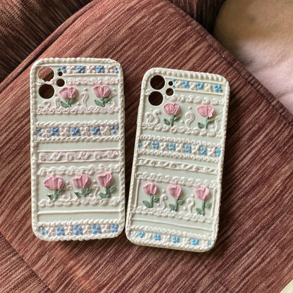 Handmade Tulip 3D oil painting retro cream mobile phone case (customizable) | ZAKAPOP