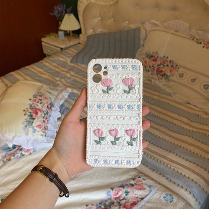 Handmade Tulip 3D oil painting retro cream mobile phone case (customizable) | ZAKAPOP